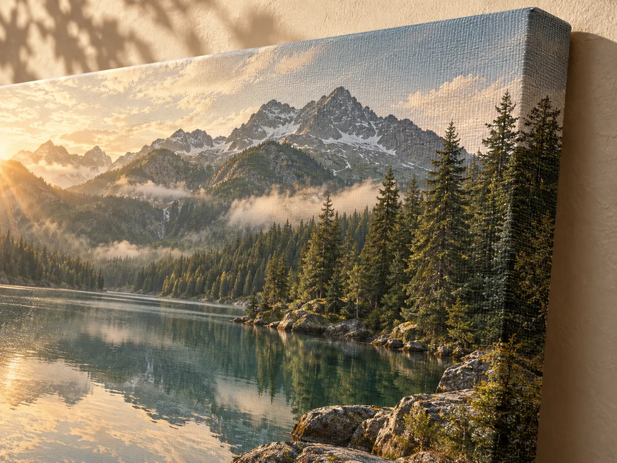 A close-up of a mountain and lake canvas print on a warm plaster wall.