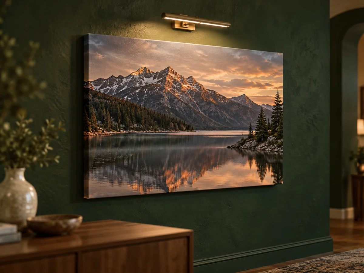 Illustration: a large gallery-wrapped canvas print of a mountain lake at sunset on a deep green wall, lit by a brass picture light above a walnut sideboard.