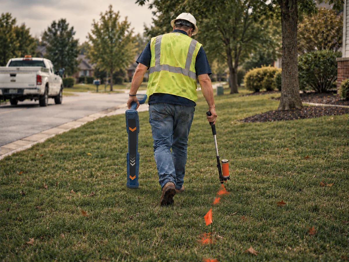 Illustration: a rear-view utility-locating technician on a suburban lawn carries a locator in the left hand and a paint wand in the right. One orange flag stands on the marked orange route, with a white pickup truck on the street.